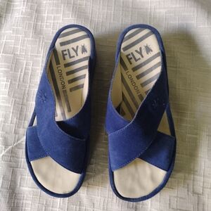 FLY LONDON Women’s Begsfly EU37 US6.5-7 Blue Suede Platform Wedge Sandals